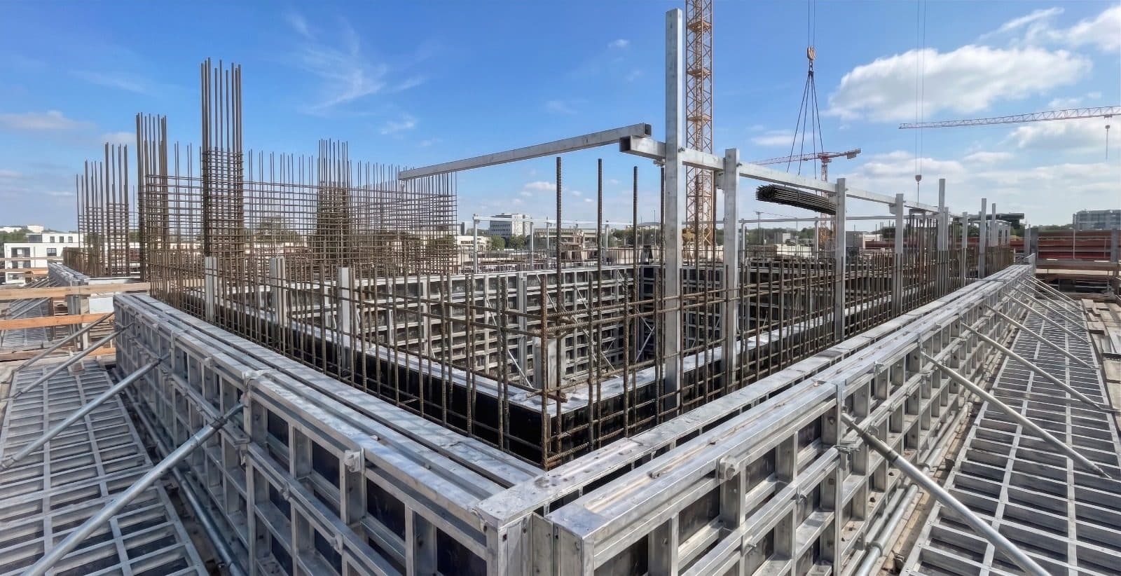 Aluminium formwork system and reinforcement on a concrete building under construction
